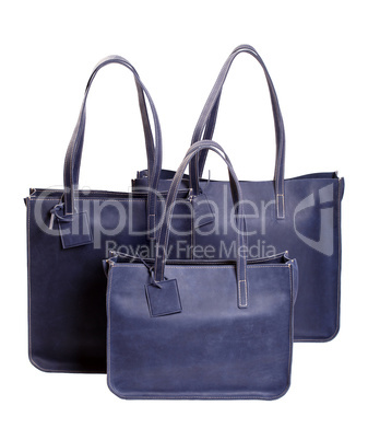 Three luxury women's handbags blue isolated on white