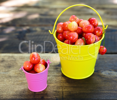 Ripe red cherry in iron buckets