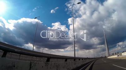 Car Drive Over The Cable Bridge in The City Of Belgrade, Serbia