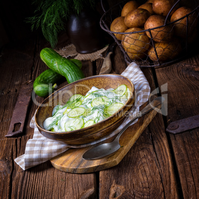 fresh cucumber salad with yogurt and young potatoes