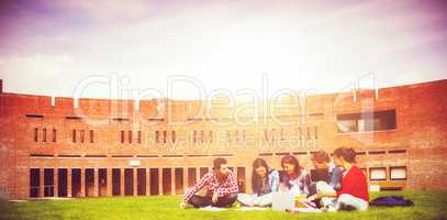 Students using laptop in lawn against college building