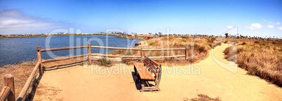 Bench overlooking the peaceful and tranquil marsh of Bolsa Chica