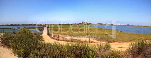 Bridge along the peaceful and tranquil marsh of Bolsa Chica wetl