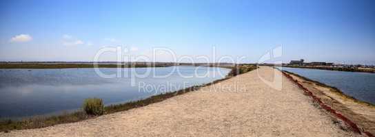 Path along the peaceful and tranquil marsh of Bolsa Chica wetlan