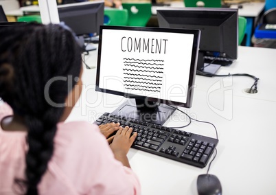 Comment text and graphic on laptop screen with womans hands