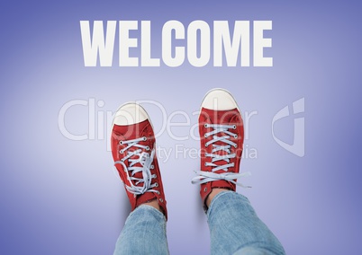 Welcome text and Red shoes on feet with purple background