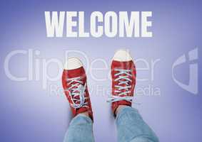 Welcome text and Red shoes on feet with purple background