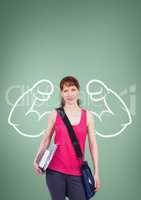 Happy student woman with fists graphic standing against green background