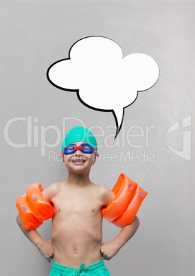 Boy with speech bubble ready to swim against grey background