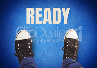 Ready text and black shoes on feet with blue background