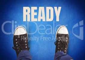 Ready text and black shoes on feet with blue background