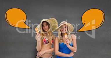 Happy women with speech bubbles eating ice cream against grey background