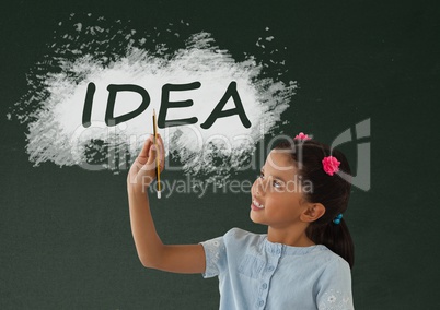 Student girl at table writing against green blackboard with idea text