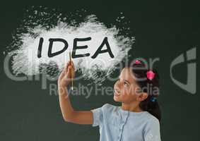 Student girl at table writing against green blackboard with idea text