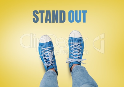 Stand out text and Blue shoes on feet with yellow background