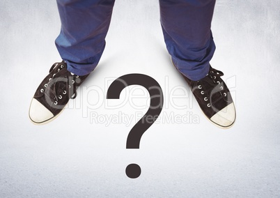 Question mark and Black shoes on feet with grey background