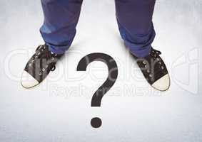 Question mark and Black shoes on feet with grey background