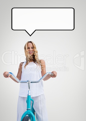 Woman on a bike with speech bubble against grey background