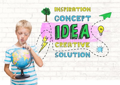 Boy holding world globe with colorful creative concept idea graphics