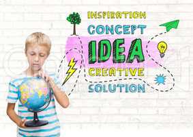 Boy holding world globe with colorful creative concept idea graphics