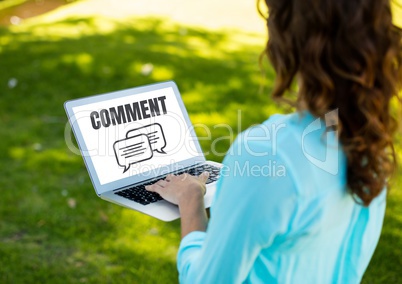 Comment text and chat graphic on laptop screen with woman