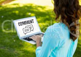 Comment text and chat graphic on laptop screen with woman