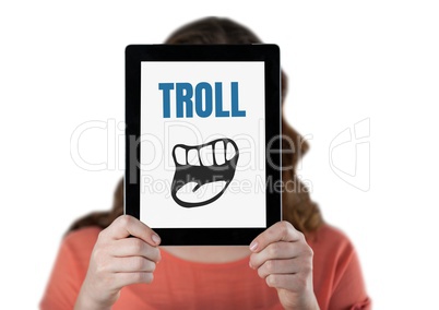 Troll text with cartoon mouth on tablet over womans face