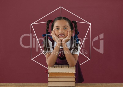 Student girl at table against red blackboard with school and education graphic