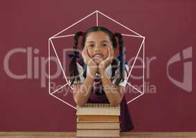 Student girl at table against red blackboard with school and education graphic