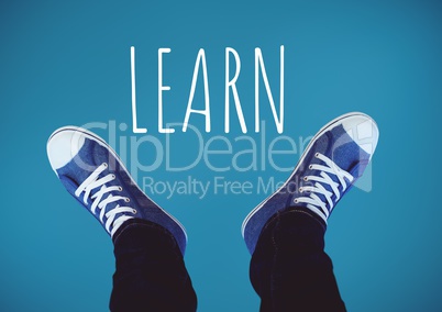 Learn text and Blue shoes on feet with blue background