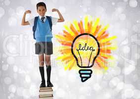 Schoolboy standing on book tower with colorful light bulb idea graphics
