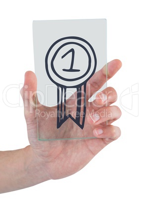 Hand holding a glass with a trophy icon