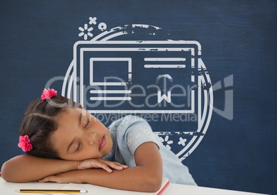 Student girl sleeping on a table against blue blackboard with school and education graphic