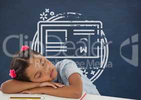 Student girl sleeping on a table against blue blackboard with school and education graphic