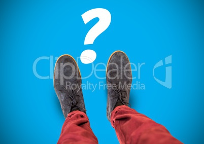 Question Mark and grey shoes on feet with blue background