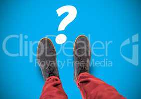Question Mark and grey shoes on feet with blue background