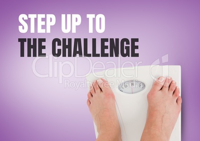 Step up to the challenge text and Weighing scales feet with purple background