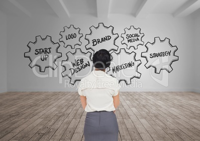 Business woman standing in a 3D room with a conceptual graphic on the wall