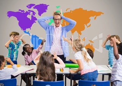 Kids in class shouting at teacher and messing in front of  colorful world map