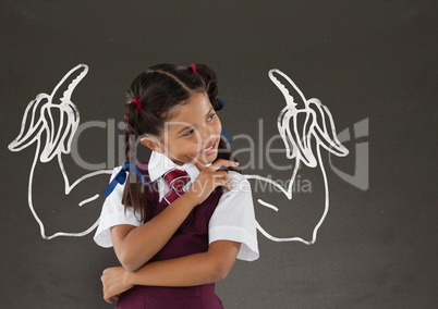 Student girl with fists graphic standing against grey blackboard