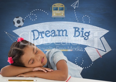 Student girl sleeping on a table against blue blackboard with dream big text and education and schoo