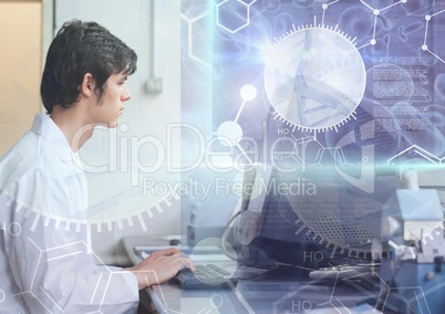 Male Student studying with computer and science education interface graphics overlay