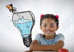 Girl with idea glass bulb and fish