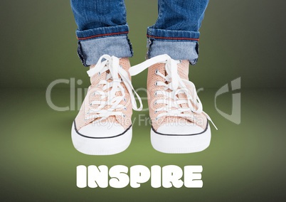 Inspire text and Beige shoes on feet with green background