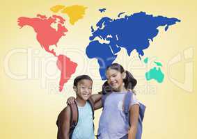 School Kids hugging in front of colorful world map