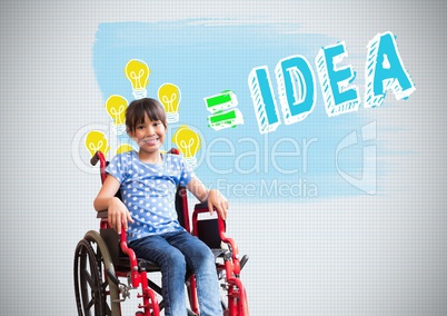 Disabled girl in wheelchair with colorful idea graphics