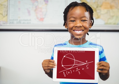Boy holding a tablet with school icons on screen