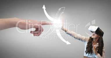 Hand pointing at surprised woman in VR headset against grey background with arrows