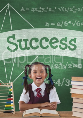 Happy student girl at table against green blackboard with success text and education and school icon