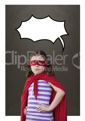 Girl as a superheroine with speech bubble against grey background